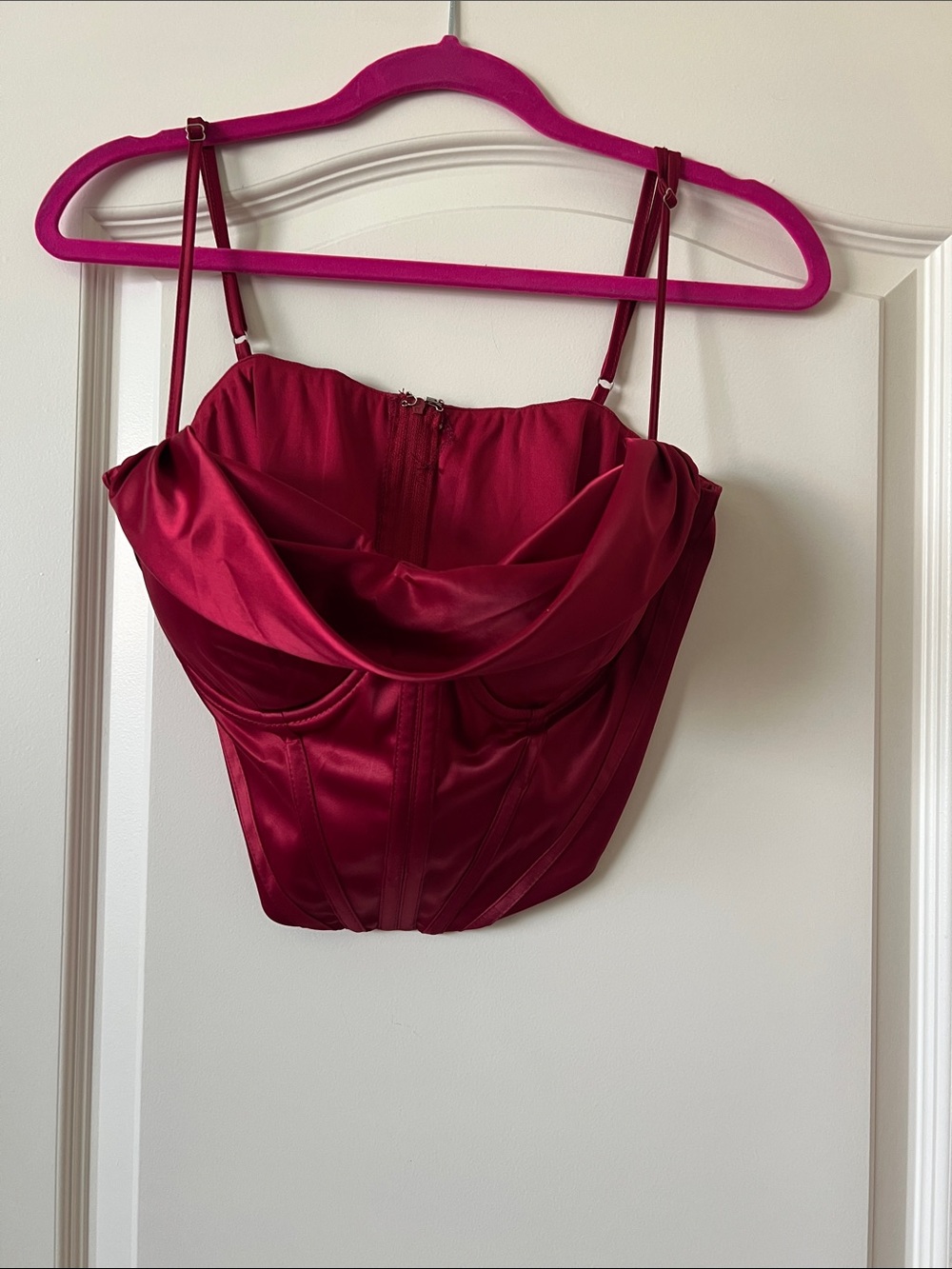 Wine Red Satin Bustier Camisole with Draped Sweetheart Neckline